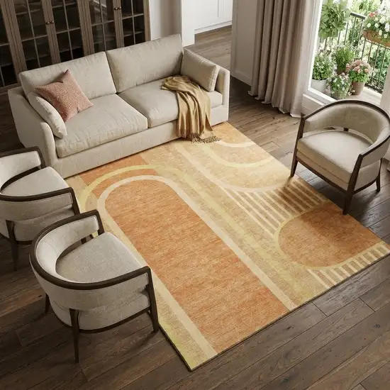 Terra Cotta And Gold Geometric Washable Area Rug With UV Protection Photo 1