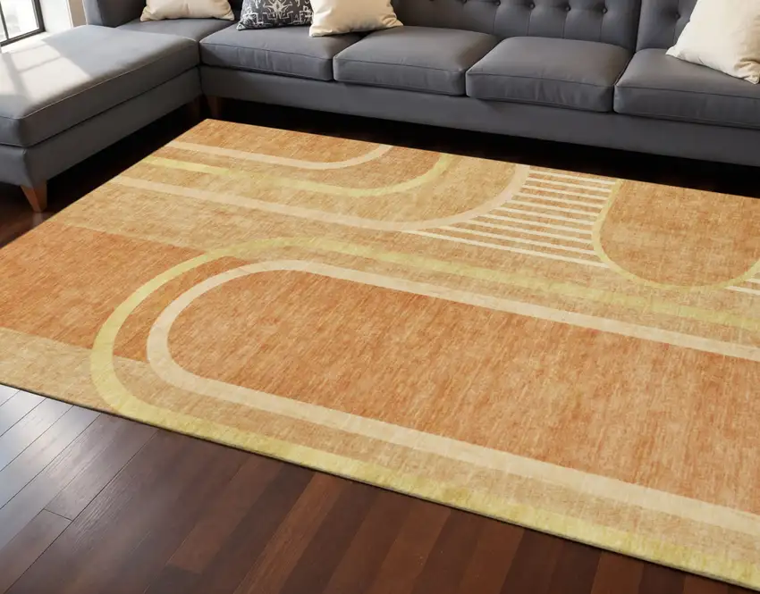 Terra Cotta And Gold Geometric Washable Area Rug With UV Protection Photo 2