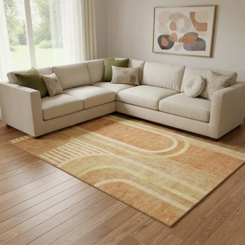 Terra Cotta And Gold Geometric Washable Area Rug With UV Protection Photo 1