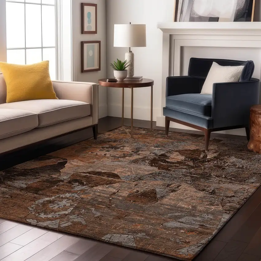 Terra Cotta And Gray Abstract Washable Area Rug With UV Protection Photo 3