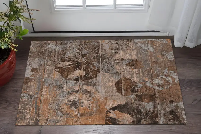 Terra Cotta And Gray Abstract Washable Area Rug With UV Protection Photo 2