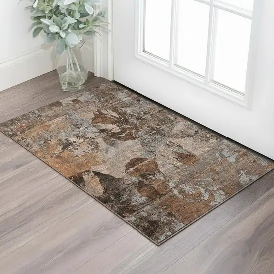 Terra Cotta And Gray Abstract Washable Area Rug With UV Protection Photo 1