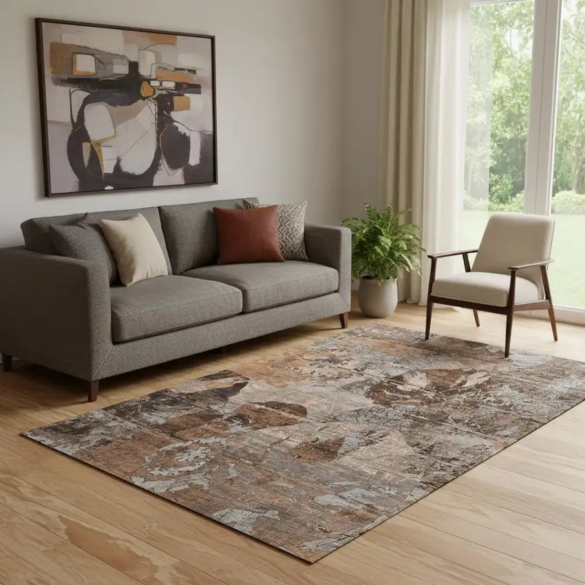 Terra Cotta And Gray Abstract Washable Area Rug With UV Protection Photo 1