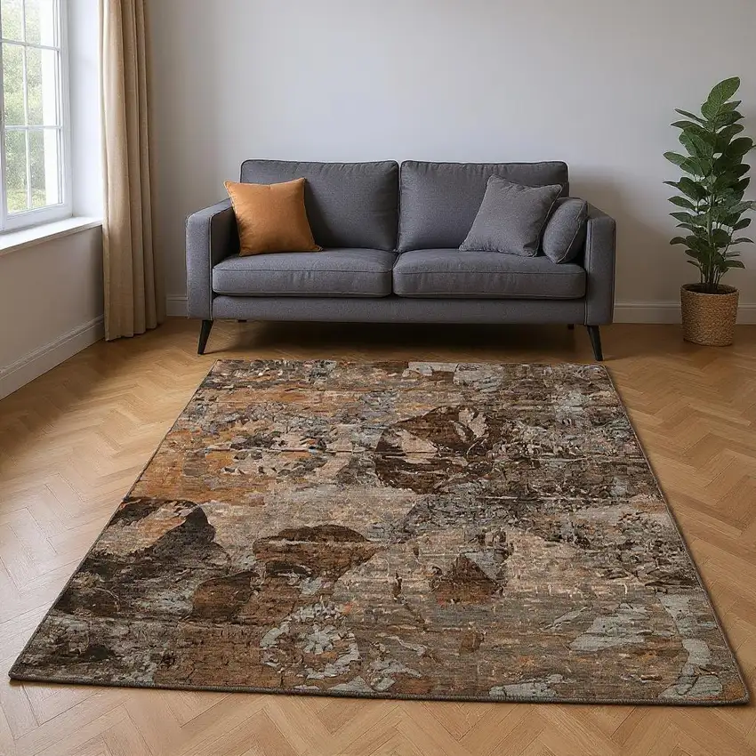 Terra Cotta And Gray Abstract Washable Area Rug With UV Protection Photo 2
