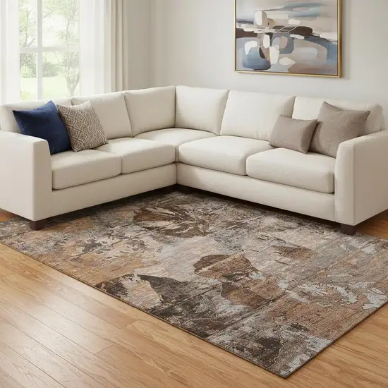 Terra Cotta And Gray Abstract Washable Area Rug With UV Protection Photo 1