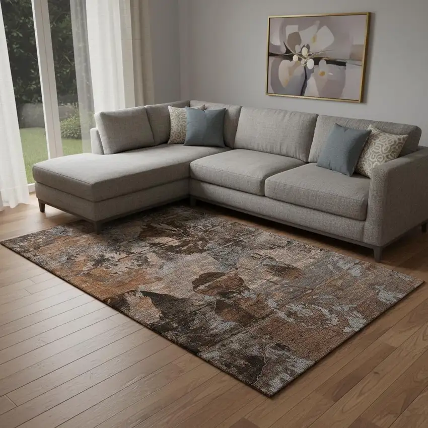 Terra Cotta And Gray Abstract Washable Area Rug With UV Protection Photo 1