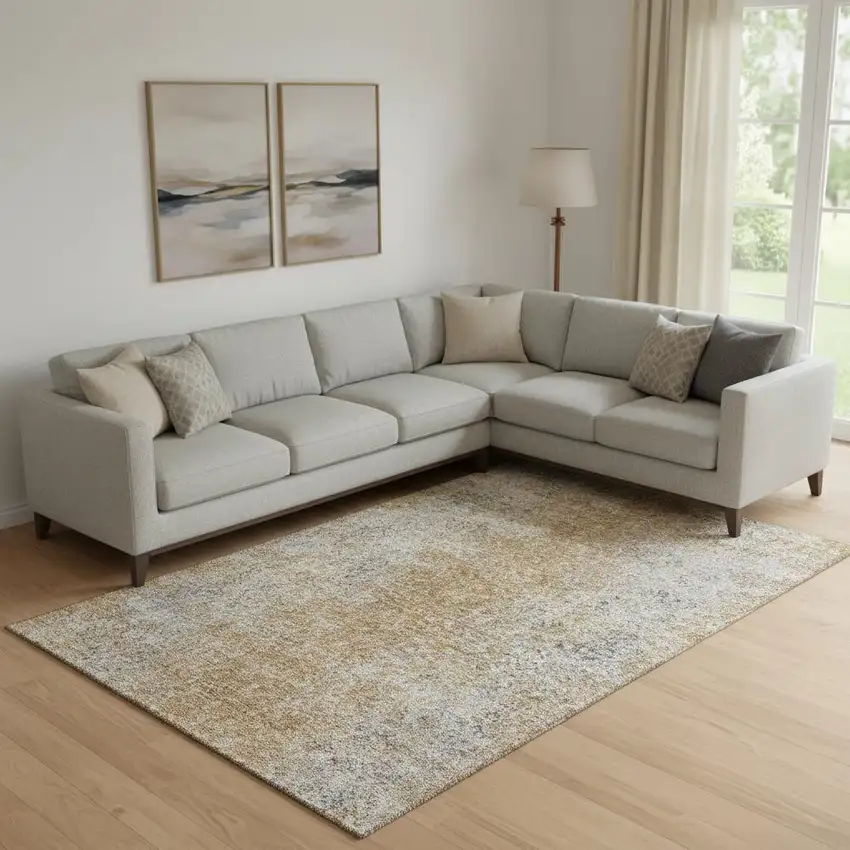 Terra Cotta And Gray Abstract Washable Area Rug With UV Protection Photo 1