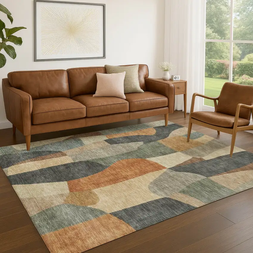 Terra Cotta And Gray Abstract Washable Indoor Outdoor Area Rug Photo 5