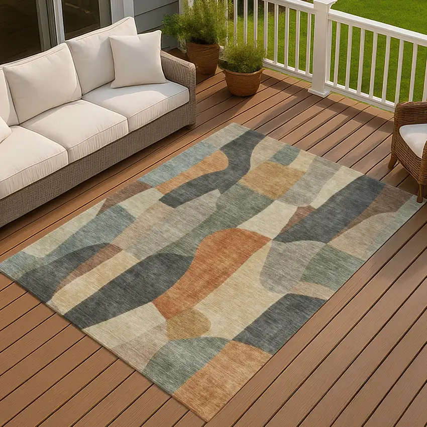 Terra Cotta And Gray Abstract Washable Indoor Outdoor Area Rug Photo 4