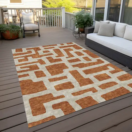 Terra Cotta And Gray Abstract Washable Indoor Outdoor Area Rug Photo 9