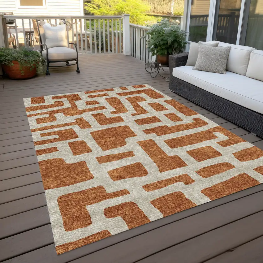 Terra Cotta And Gray Abstract Washable Indoor Outdoor Area Rug Photo 9