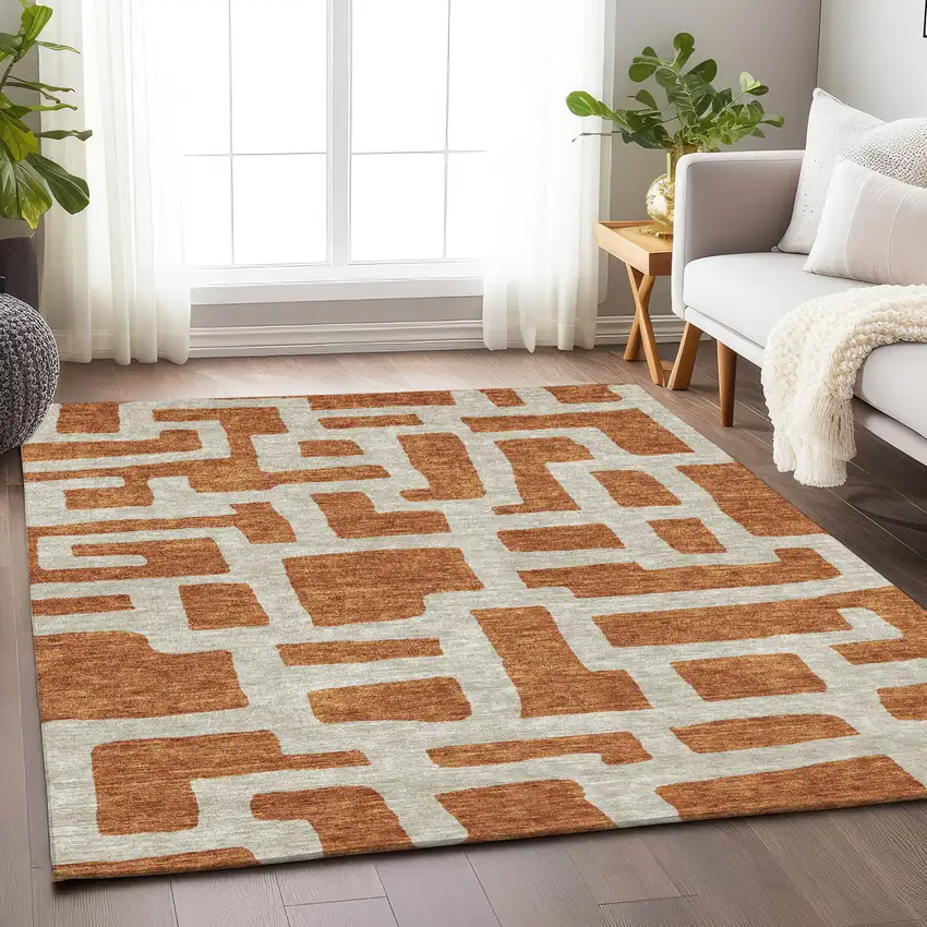 Terra Cotta And Gray Abstract Washable Indoor Outdoor Area Rug Photo 8