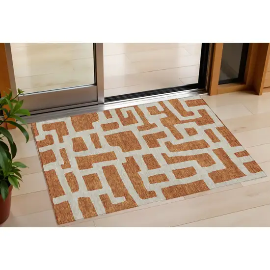 Terra Cotta And Gray Abstract Washable Indoor Outdoor Area Rug Photo 1