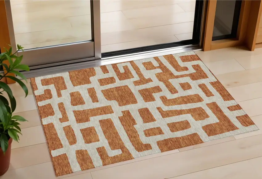 Terra Cotta And Gray Abstract Washable Indoor Outdoor Area Rug Photo 1
