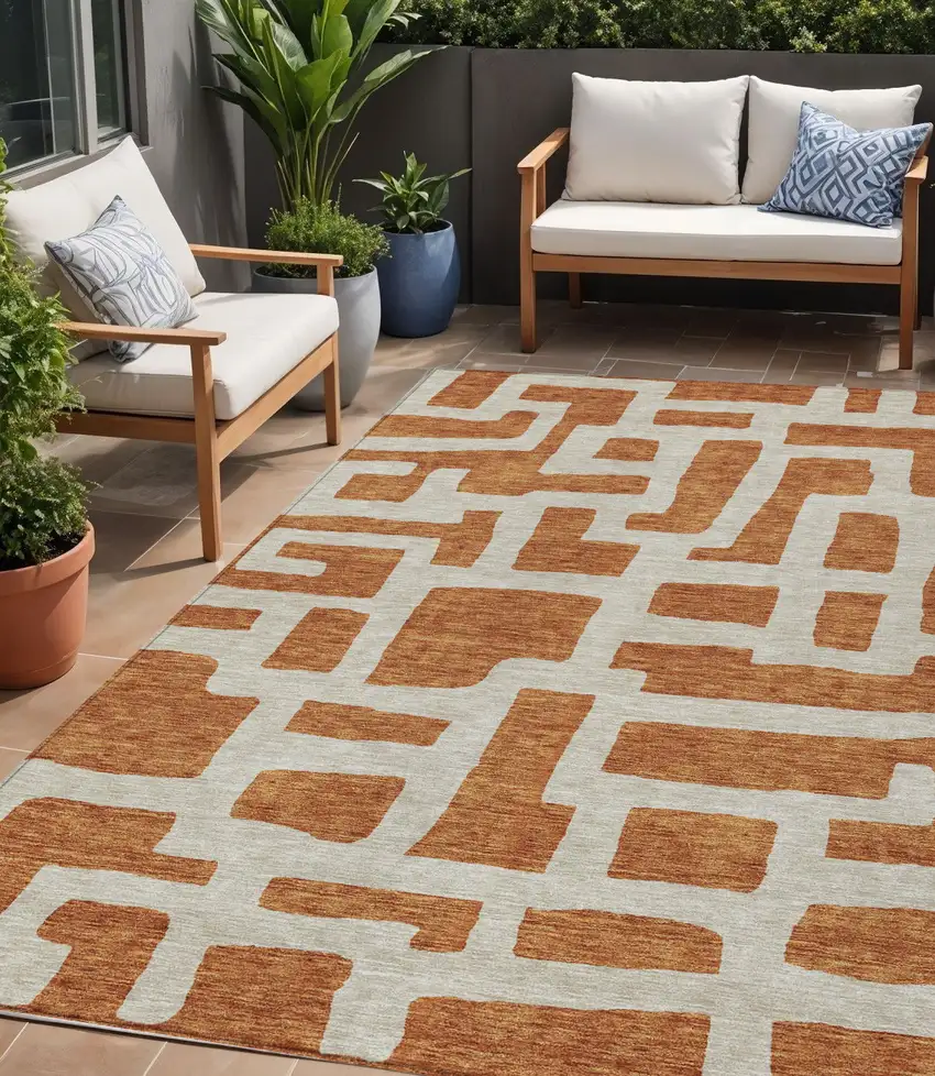 Terra Cotta And Gray Abstract Washable Indoor Outdoor Area Rug Photo 1