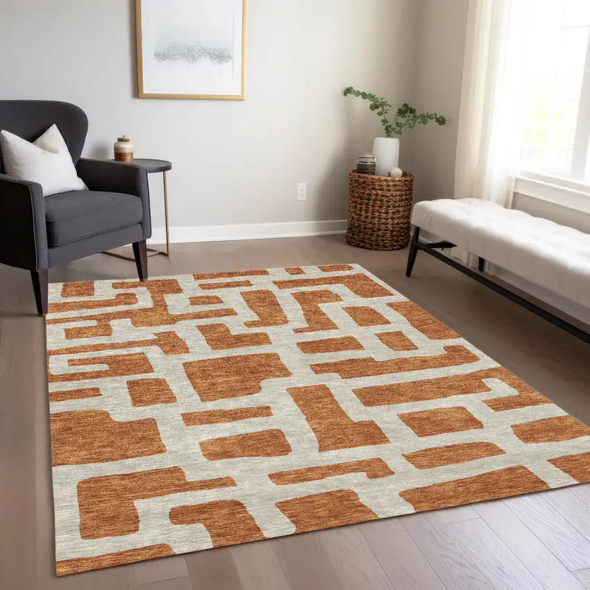 Terra Cotta And Gray Abstract Washable Indoor Outdoor Area Rug Photo 9