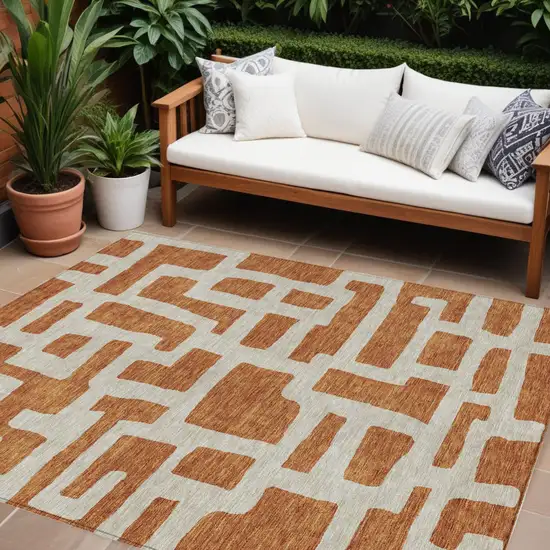 Terra Cotta And Gray Abstract Washable Indoor Outdoor Area Rug Photo 1
