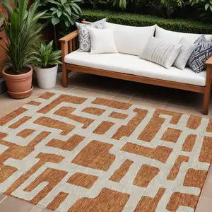 Photo of Terra Cotta And Gray Abstract Washable Indoor Outdoor Area Rug
