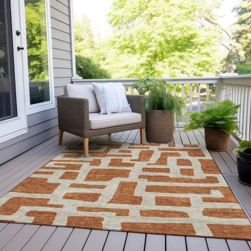 Terra Cotta And Gray Abstract Washable Indoor Outdoor Area Rug Photo 8