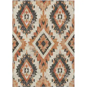 Photo of Terra Cotta And Gray Aztec Washable Indoor Outdoor Area Rug