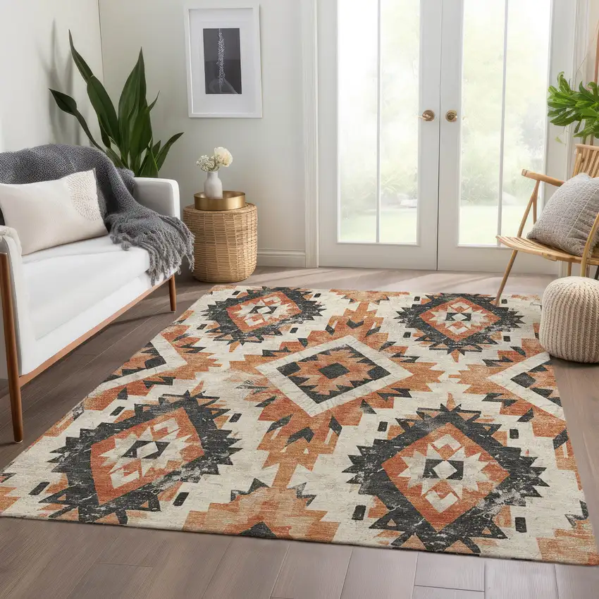 Terra Cotta And Gray Aztec Washable Indoor Outdoor Area Rug Photo 7
