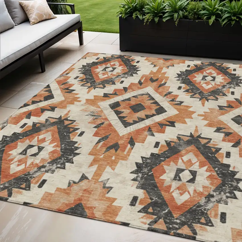 Terra Cotta And Gray Aztec Washable Indoor Outdoor Area Rug Photo 2