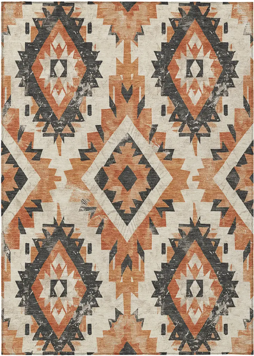 Terra Cotta And Gray Aztec Washable Indoor Outdoor Area Rug Photo 1