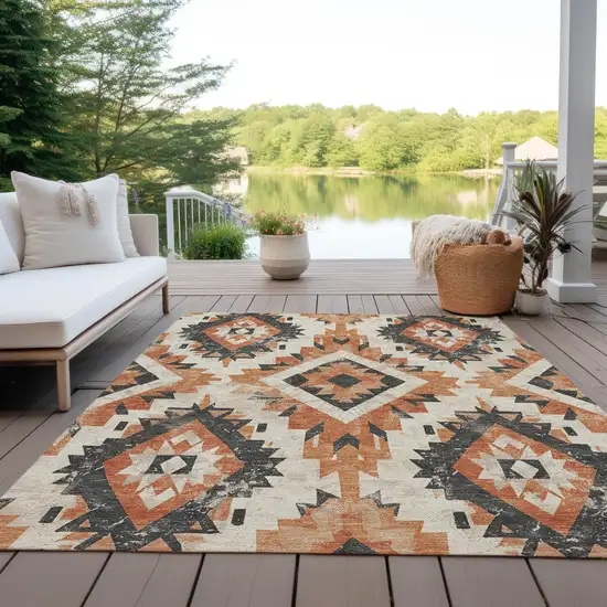 Terra Cotta And Gray Aztec Washable Indoor Outdoor Area Rug Photo 5