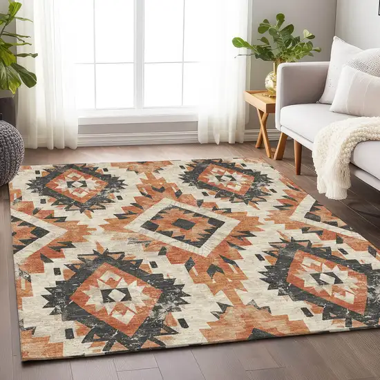 Terra Cotta And Gray Aztec Washable Indoor Outdoor Area Rug Photo 6