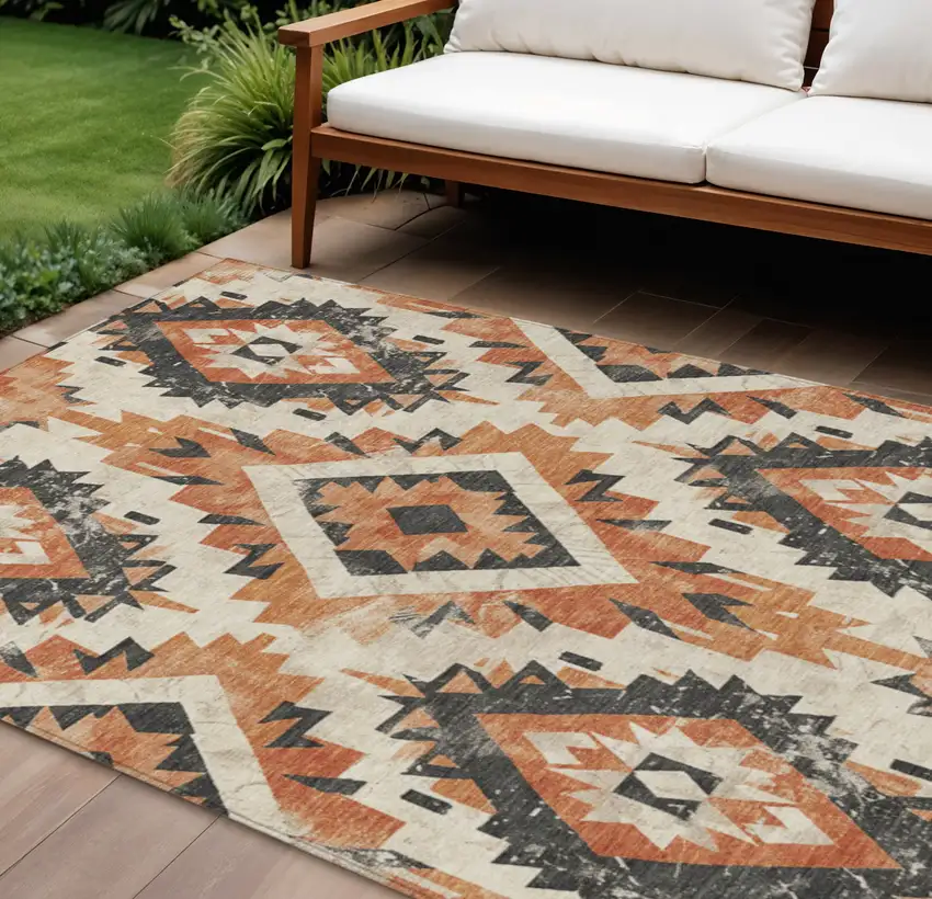 Terra Cotta And Gray Aztec Washable Indoor Outdoor Area Rug Photo 2