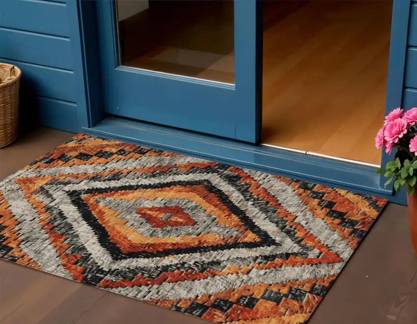 Terra Cotta And Gray Aztec Washable Indoor Outdoor Area Rug Photo 2