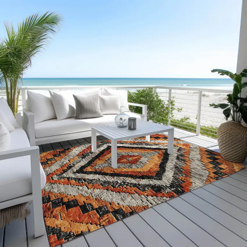 Terra Cotta And Gray Aztec Washable Indoor Outdoor Area Rug Photo 5