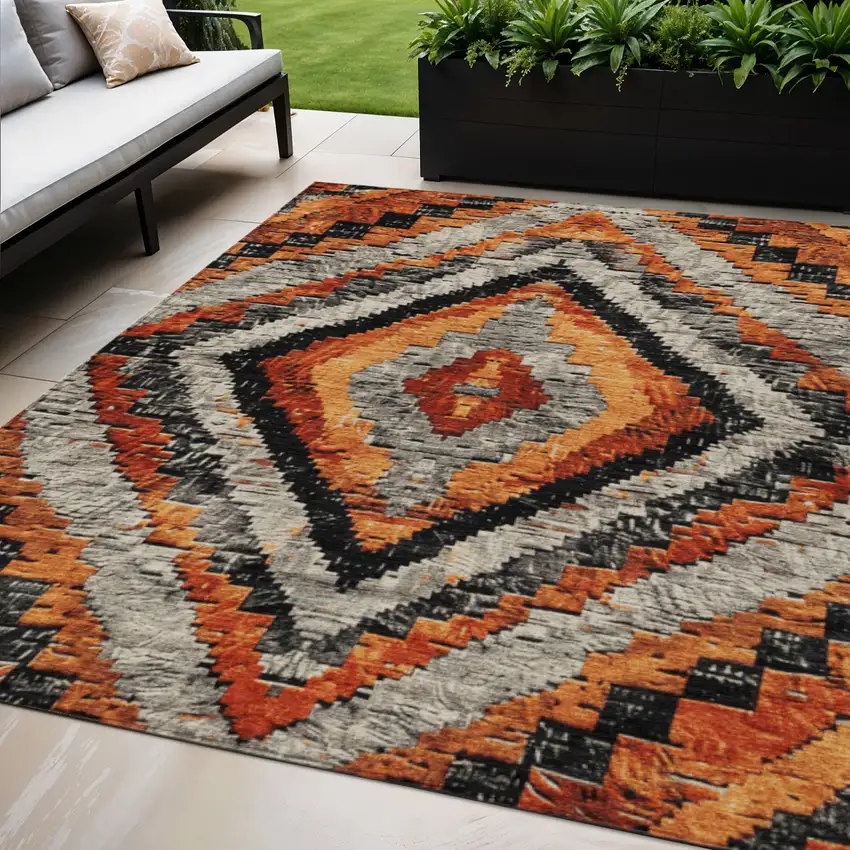 Terra Cotta And Gray Aztec Washable Indoor Outdoor Area Rug Photo 2