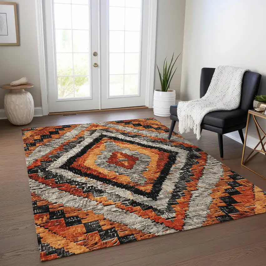 Terra Cotta And Gray Aztec Washable Indoor Outdoor Area Rug Photo 6