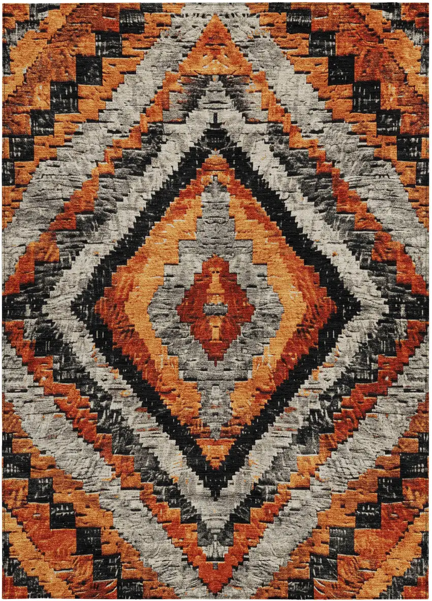 Terra Cotta And Gray Aztec Washable Indoor Outdoor Area Rug Photo 3