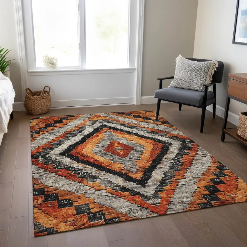 Terra Cotta And Gray Aztec Washable Indoor Outdoor Area Rug Photo 7