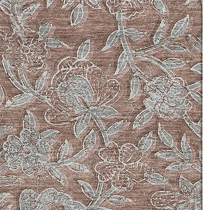 Terra Cotta And Gray Floral Washable Area Rug With UV Protection Photo 3