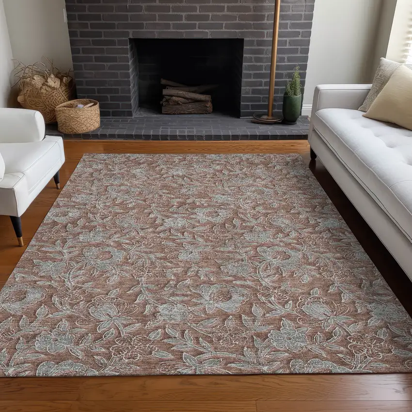 Terra Cotta And Gray Floral Washable Area Rug With UV Protection Photo 6