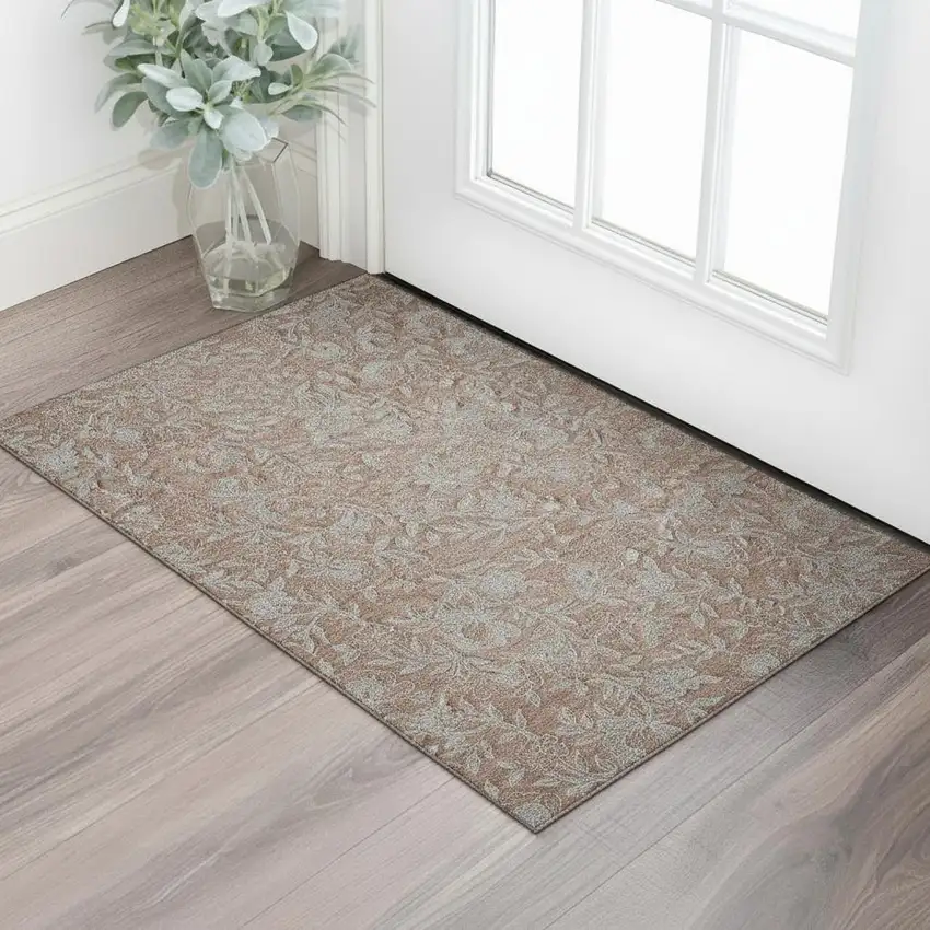Terra Cotta And Gray Floral Washable Area Rug With UV Protection Photo 1