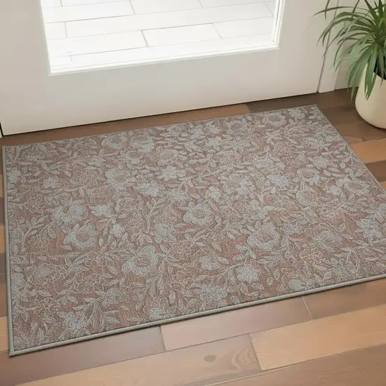 Terra Cotta And Gray Floral Washable Area Rug With UV Protection Photo 2