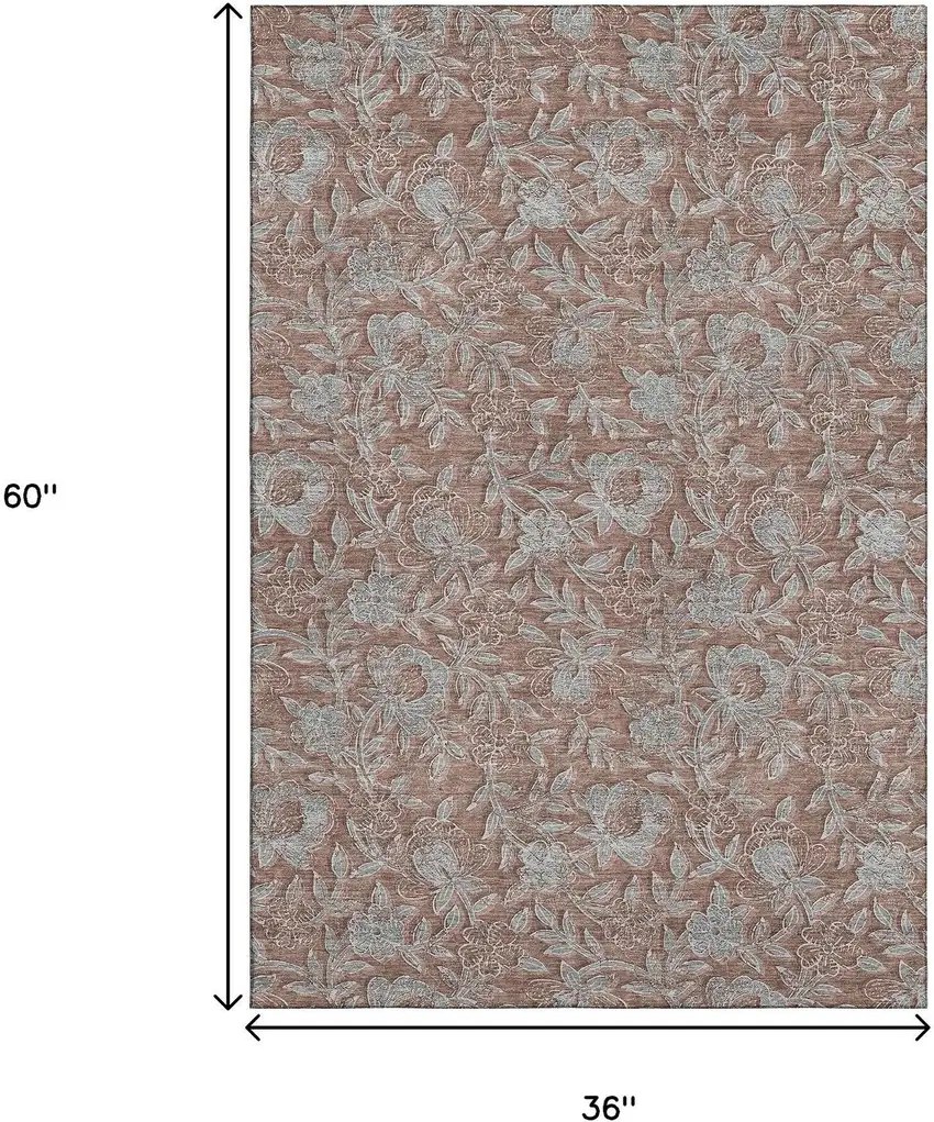 Terra Cotta And Gray Floral Washable Area Rug With UV Protection Photo 3