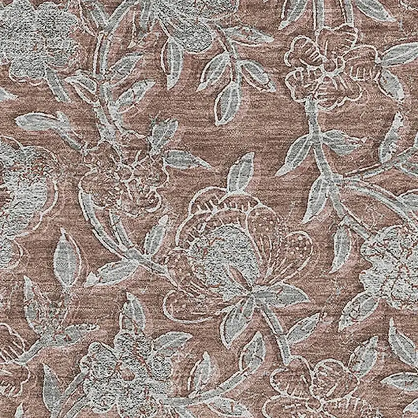 Terra Cotta And Gray Floral Washable Area Rug With UV Protection Photo 3