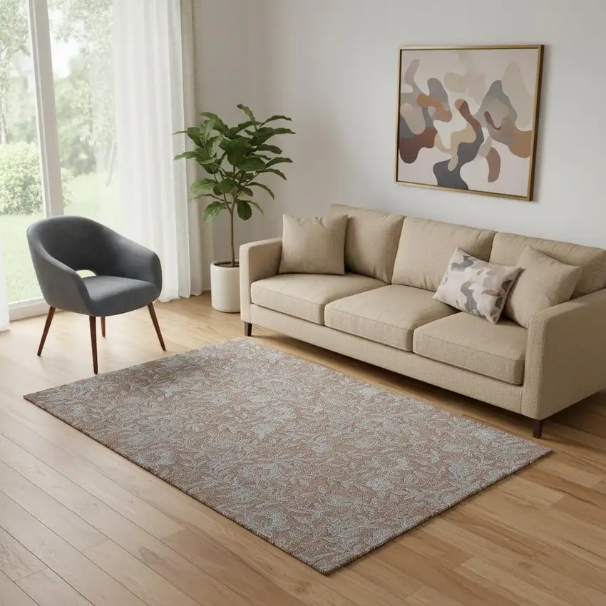 Terra Cotta And Gray Floral Washable Area Rug With UV Protection Photo 1