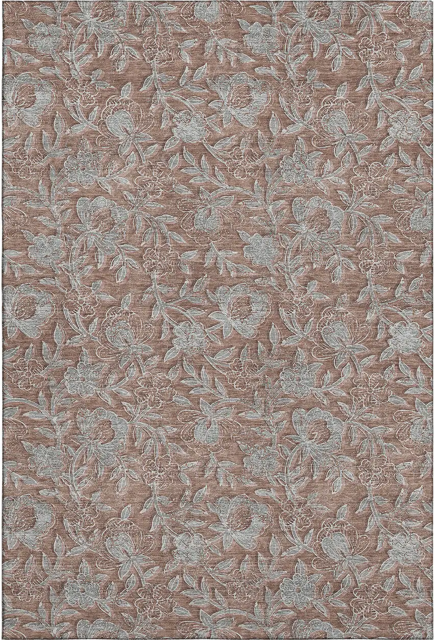 Terra Cotta And Gray Floral Washable Area Rug With UV Protection Photo 1