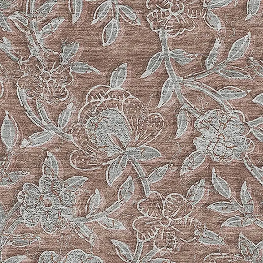 Terra Cotta And Gray Floral Washable Area Rug With UV Protection Photo 3