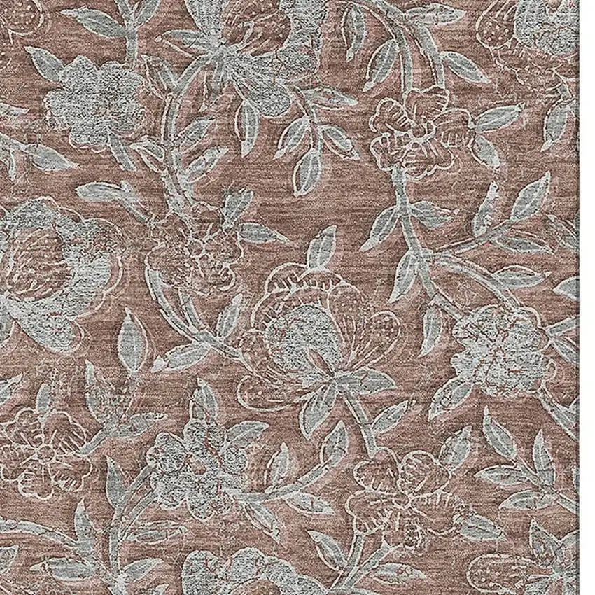 Terra Cotta And Gray Floral Washable Area Rug With UV Protection Photo 3