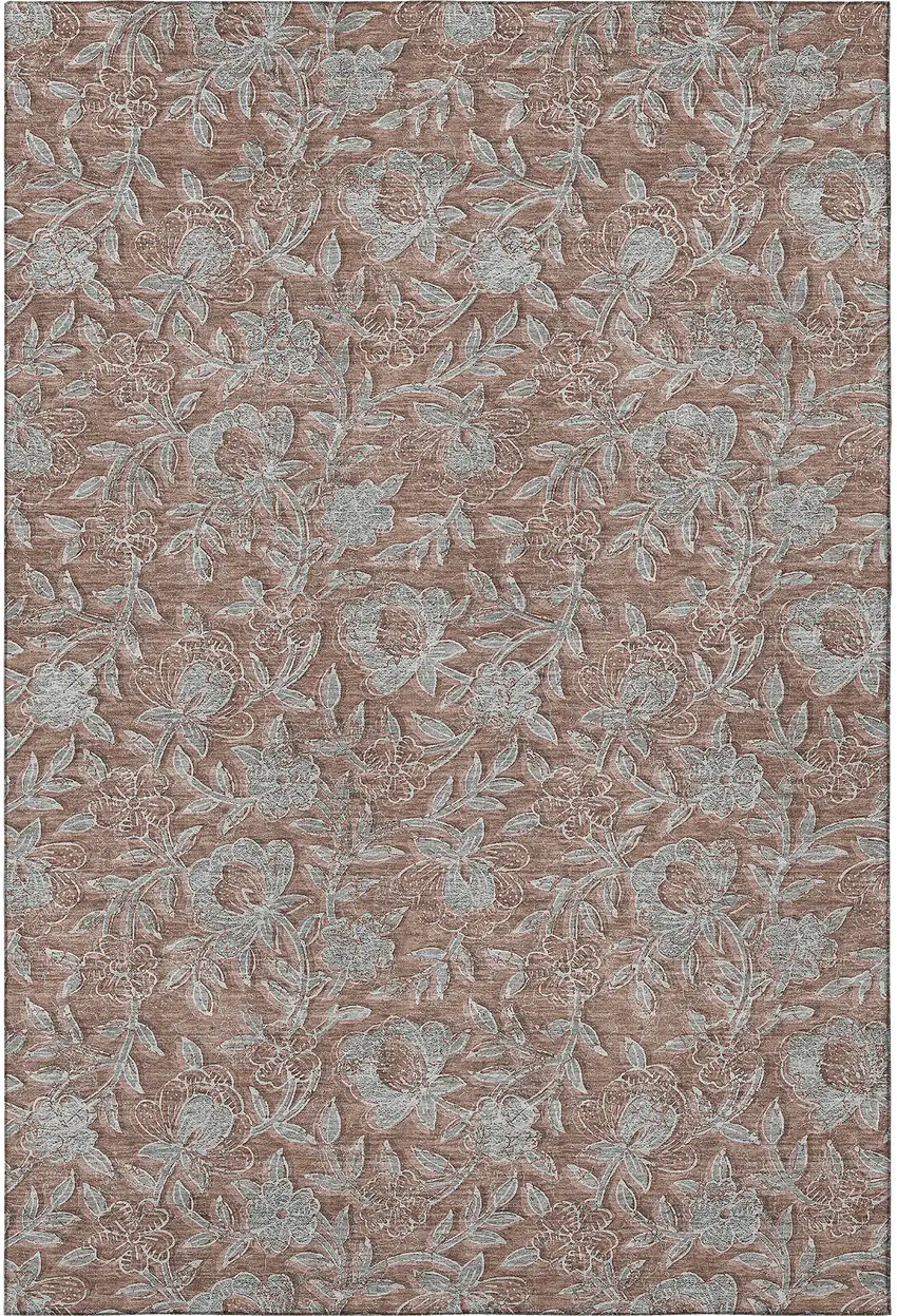 Terra Cotta And Gray Floral Washable Area Rug With UV Protection Photo 4