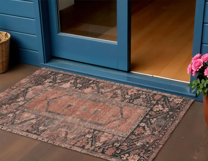 Terra Cotta And Gray Oriental Washable Indoor Outdoor Area Rug Photo 2