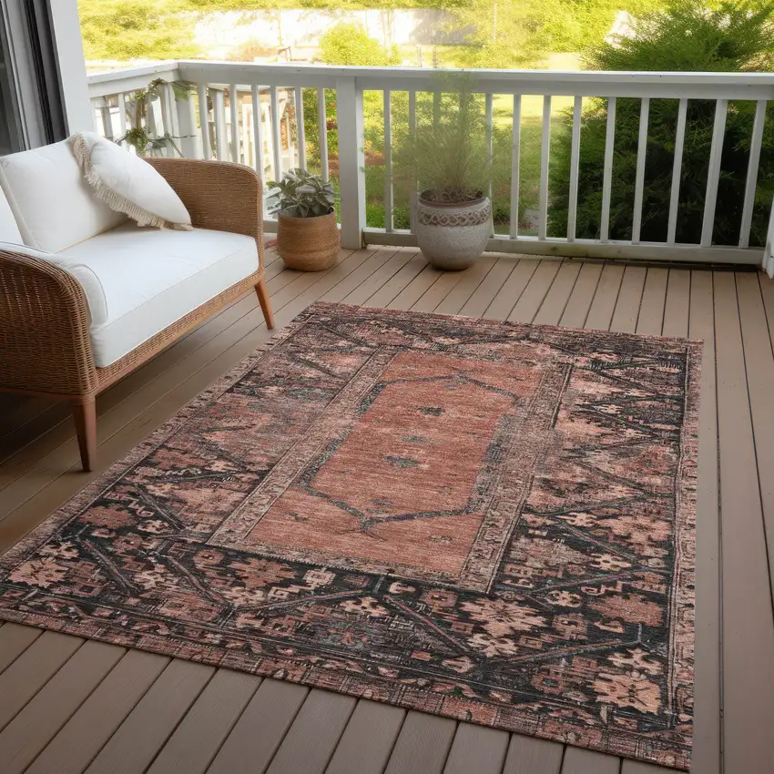 Terra Cotta And Gray Oriental Washable Indoor Outdoor Area Rug Photo 7