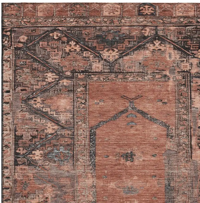 Terra Cotta And Gray Oriental Washable Indoor Outdoor Area Rug Photo 4